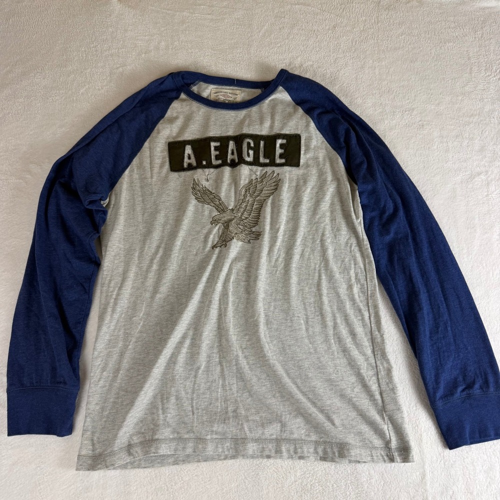American Eagle Vintage Mens XL Graphic Long Sleeve T shirt Gray Navy Eagle Logo
